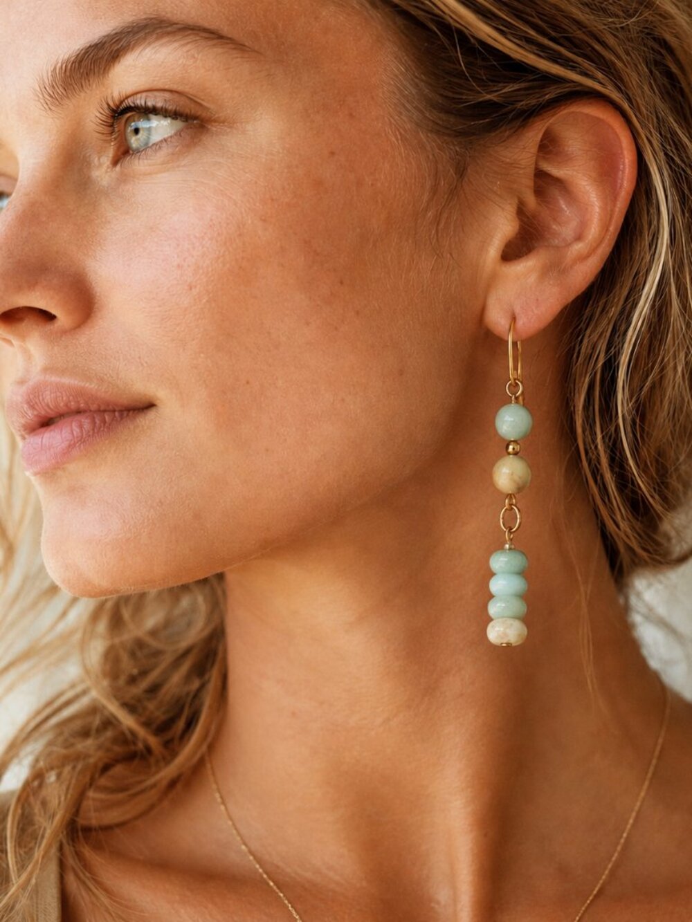 Amazonite Stone Gold French Hook Dangle Earrings Boho Chic Coastal Summer Gifts - Picture 2 of 4
